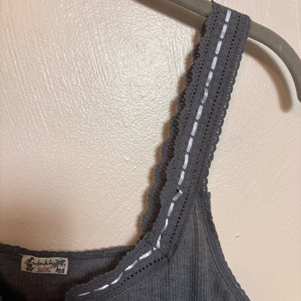 NEW Free People‎ Intimately You Tank Top Lace Trim Cotton Ribbed Gray Large